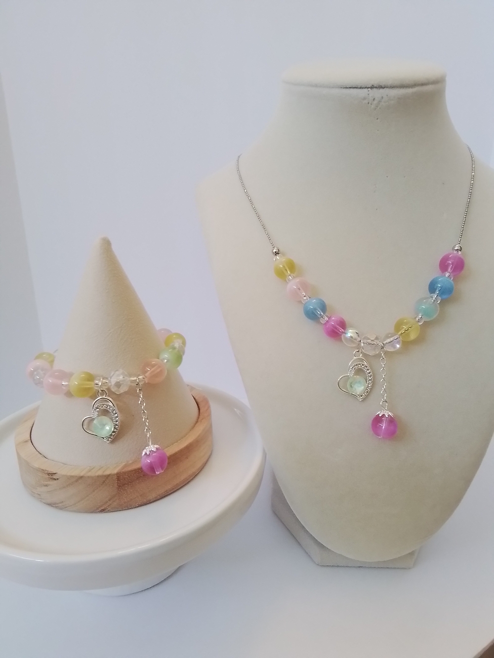Pastel Multicolor Bead Necklace and Bracelet Set with Heart Charm